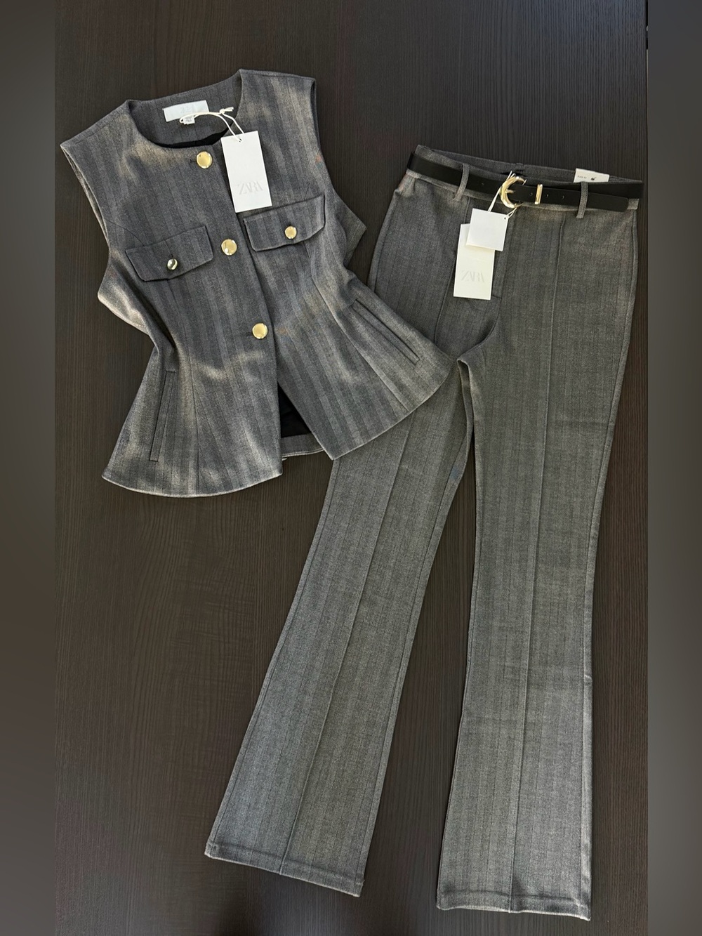 Zara Gray Pinstripe Vest and Flare Pants Set with Gold Buttons - Picture 14 of 14